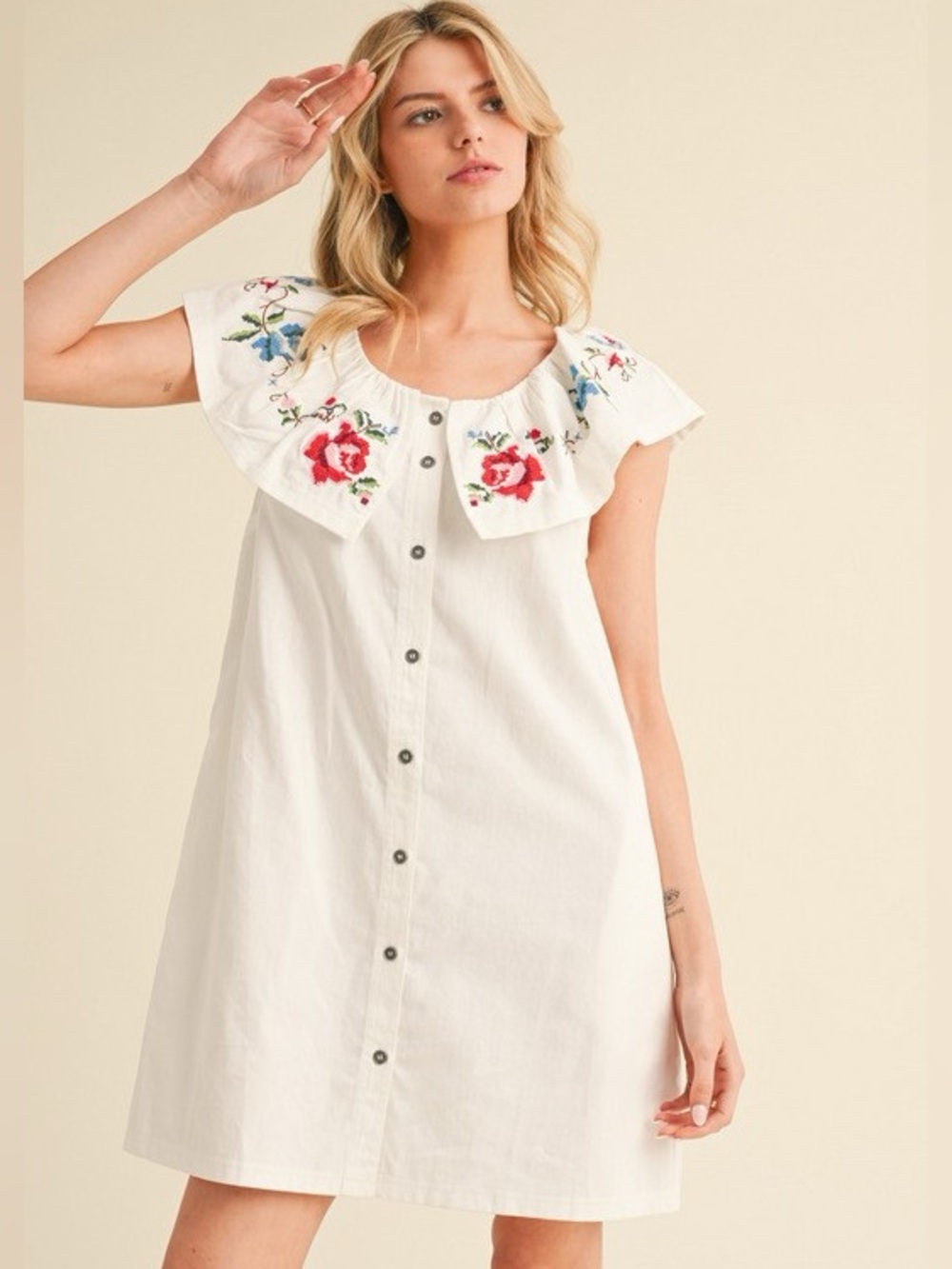 Jodifl Off White Embroidered Ruffle Neck Cotton Dress Button Front NWT - Picture 2 of 4